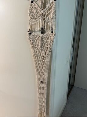 Women's Crochet Fringe Swim Coverup - Cream